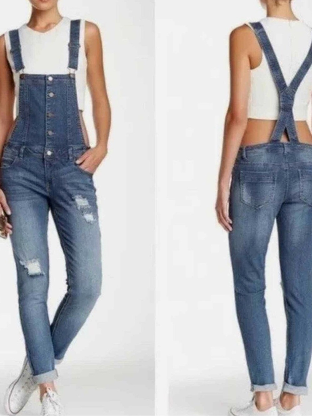 Tinseltown Blue Distressed Women's Denim Overalls